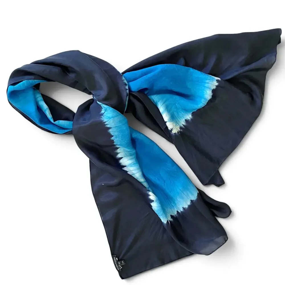 Eileen Fisher Shibori Navy Blue Turquoise Hand-Rolled Silk Scarf OOAK